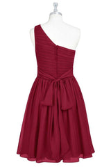 Homecoming Dresses Styles, Wine Red Chiffon One-Shoulder Gathered Short Bridesmaid Dress