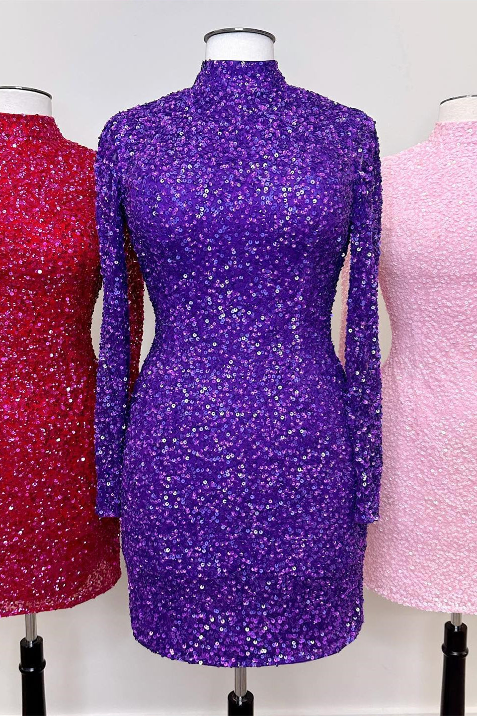 Party Dress Trends, Regency High Neck Long Sleeves Sequins Keyhole Homecoming Dress
