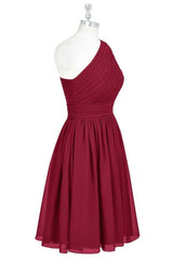 Homecoming Dresses Style, Wine Red Chiffon One-Shoulder Gathered Short Bridesmaid Dress