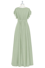 Party Dress Short Tight, Elegant Sage Green Ruffled A-Line Long Bridesmaid Dress