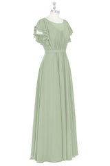 Dinner Outfit, Elegant Sage Green Ruffled A-Line Long Bridesmaid Dress