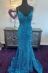 Bridesmaid Dresses Blues, Blue Sequin Plunge V Mermaid Long Prom Dress with Slit