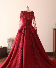 Formal Dresses Summer, Burgundy Lace Satin Long Prom Dress, Burgundy Lace Evening Dress