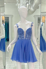Bridesmaids Dresses Fall, Blue Deep V Neck Straps A-line Appliques Chiffon Homecoming Dress