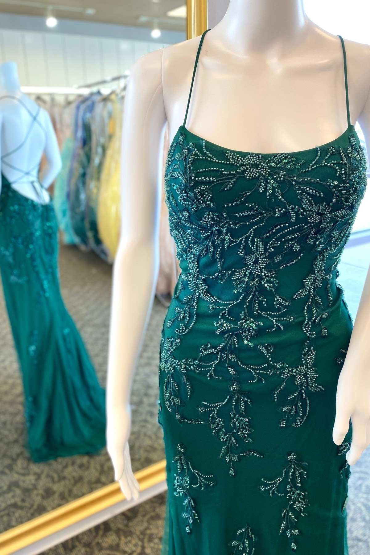 Dance Dress, Hunter Green Floral Bead Lace-Up Back Mermaid Long Formal Dress