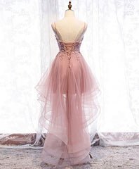 Homecoming Dress Shop, Pink Tulle Lace High Low Prom Dress, Pink Homecoming Dress, 1