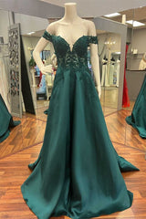 Women Dress, Hunter Green Lace Off-the-Shoulder A-Line Long Prom Dress