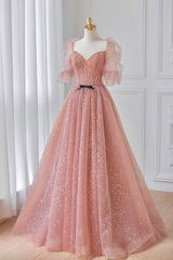 Bridesmaid Dress Blush, Pink Tulle Floor Length Prom Dress, Lovely Short Sleeve Graduation Party Dress