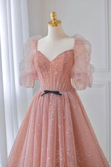 Bridesmaids Dresses Champagne, Pink Tulle Floor Length Prom Dress, Lovely Short Sleeve Graduation Party Dress
