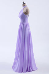 Formal Dresses Graduation, High Neck Lavender Chiffon Empire A-line Long Bridesmaid Dress