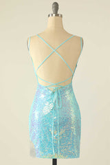 Homecoming Dress Shopping Near Me, Light Blue Sequin Lace-Up Mini Homecoming Dress