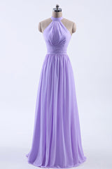 Formal Dress Inspo, High Neck Lavender Chiffon Empire A-line Long Bridesmaid Dress