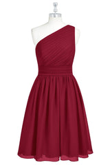 Homecoming Dress Styles, Wine Red Chiffon One-Shoulder Gathered Short Bridesmaid Dress