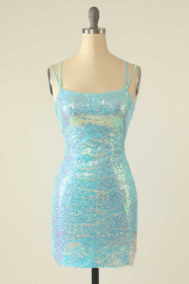 Homecoming Dressed Short, Light Blue Sequin Lace-Up Mini Homecoming Dress