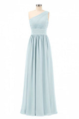 Bridesmaids Dresses Styles, Dusty Blue Chiffon One-Shoulder Banded Waist Bridesmaid Dress