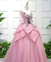 Homecoming Dresses Vintage, Pink V Neck Tulle Lace Applique Long Prom Dress, Pink Evening Dress, 1