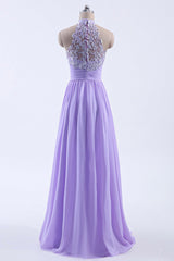 Formal Dresses And Evening Gowns, High Neck Lavender Chiffon Empire A-line Long Bridesmaid Dress