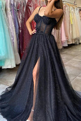 Red Dress, Black A Line Spaghetti Straps Prom Dresses with Slit, Sparkly Evening Gown