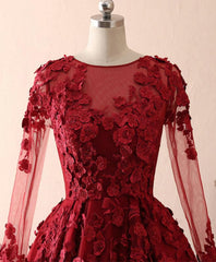 Formal Dresses For Woman, Burgundy Lace Satin Long Prom Dress, Burgundy Lace Evening Dress