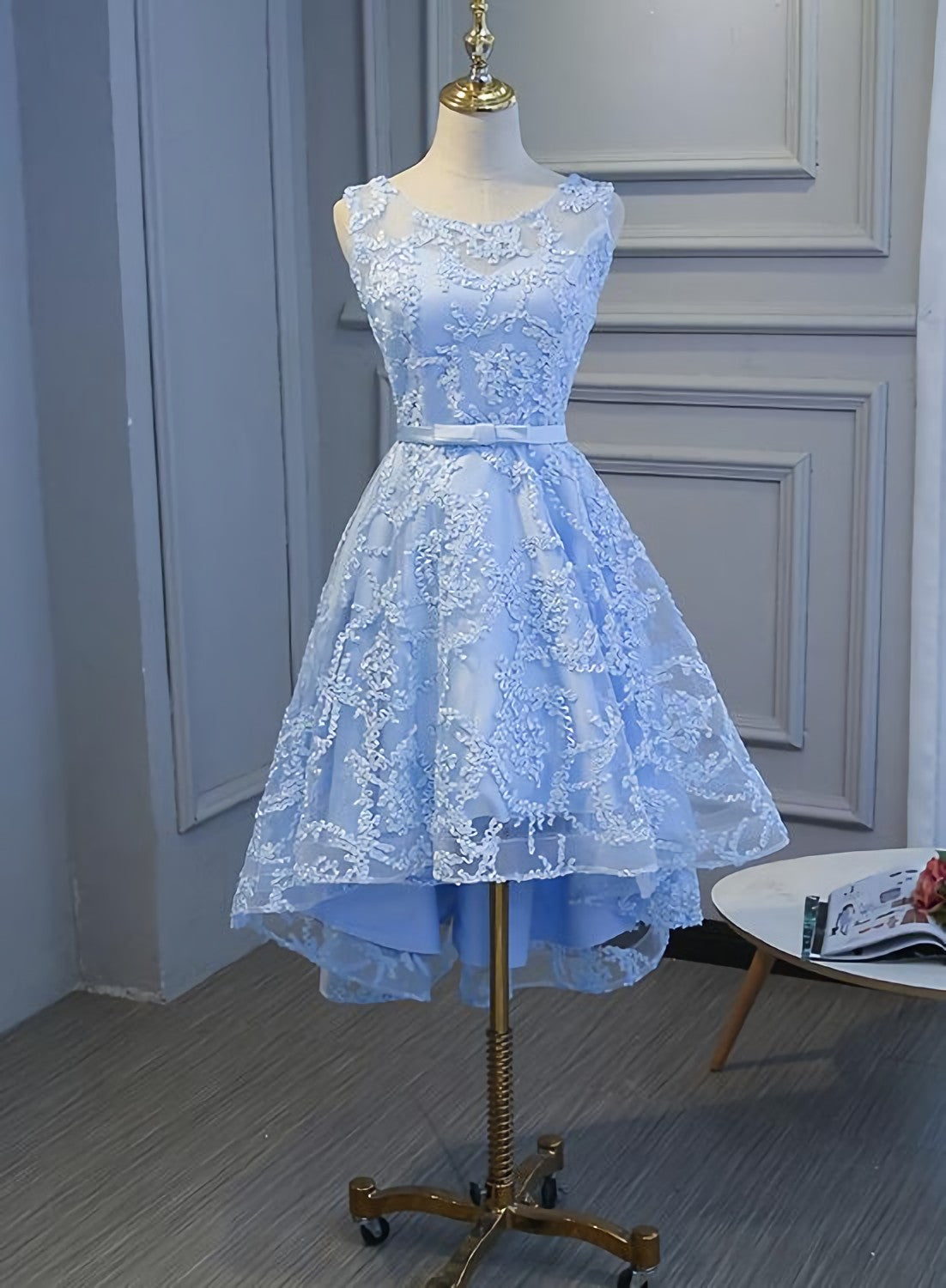 Homemade Ranch Dress, Light Blue High Low Homecoming Dresses, Blue Party Dress With Belt Cute Formal Dresse