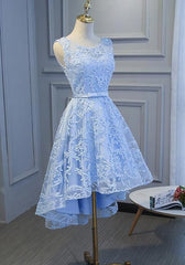 Lace Dress, Light Blue High Low Homecoming Dresses, Blue Party Dress With Belt Cute Formal Dresse