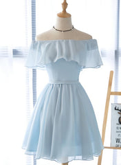 Night Club Outfit, Simple Light Blue Off Shoulder Formal Dress, Short Party Dresses