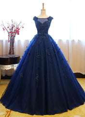 Homecoming, Navy Blue Tulle Cap Sleeves Quinceanera Dresses, Blue Beaded Ball Gown Party Dress