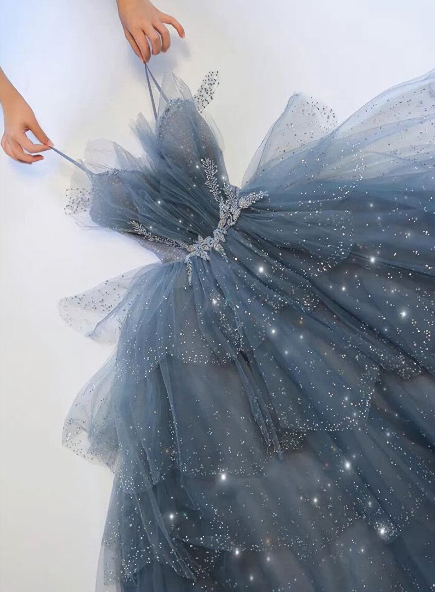 Formal Dress Attire, Blue Shiny Tulle Layers Straps Beaded Long Prom Dress, A Line Chic Evening Dress