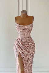 Party Dress For Over 56, New Arrival Pink Sequins Sleeveless Evening Dresses With Split