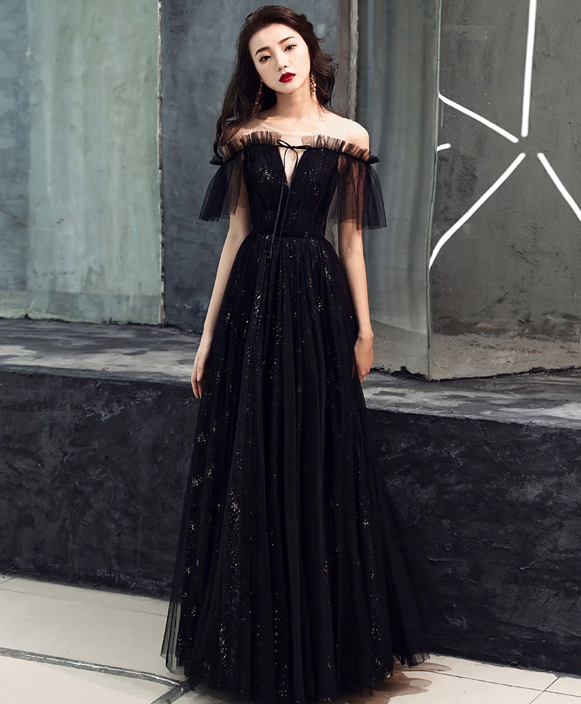 Homecoming Dresses, Black Tulle Off Shoulder Long Prom Dress, Black Formal Dress