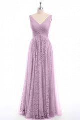 Party Dresses Design, Dusty Purple Chiffon Jacquard V-Neck A-Line Long Bridesmaid Dress