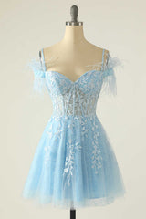 Homecoming Dress Online, Light Blue Appliques Cold-Shoulder A-Line Short Homecoming Dress