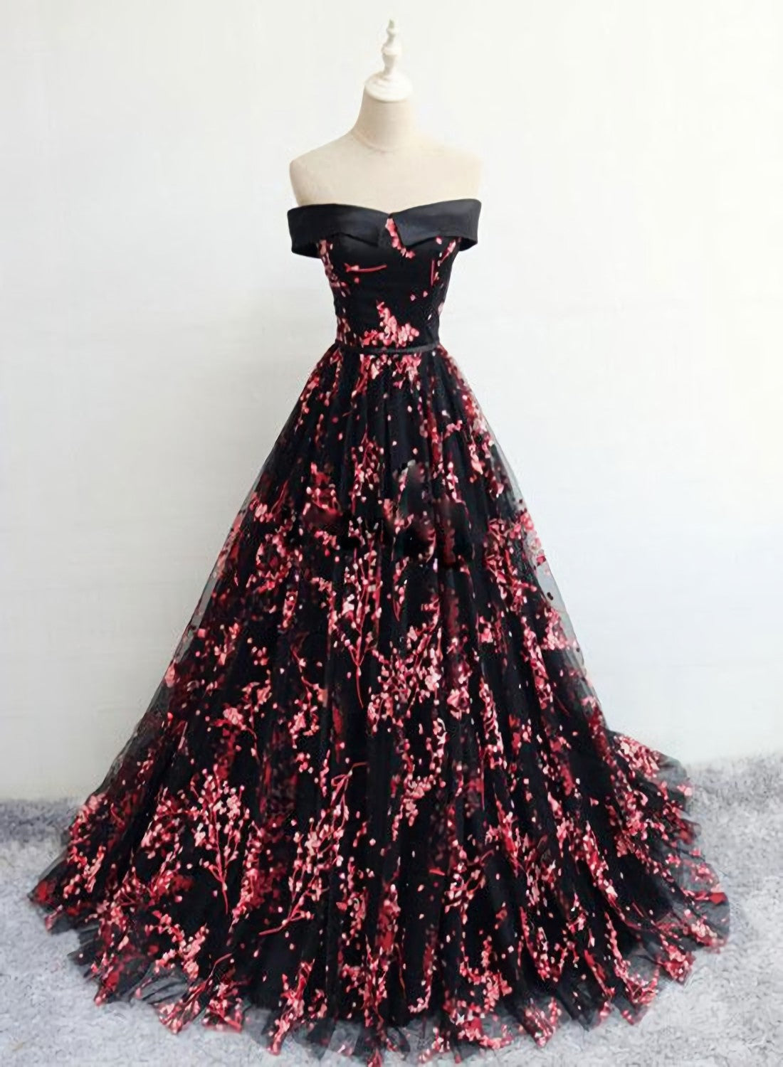 Dressy Outfit, Black Tulle Off Shoulder Flowers Elegant Lace Up Evening Party Gown Black Formal Dress