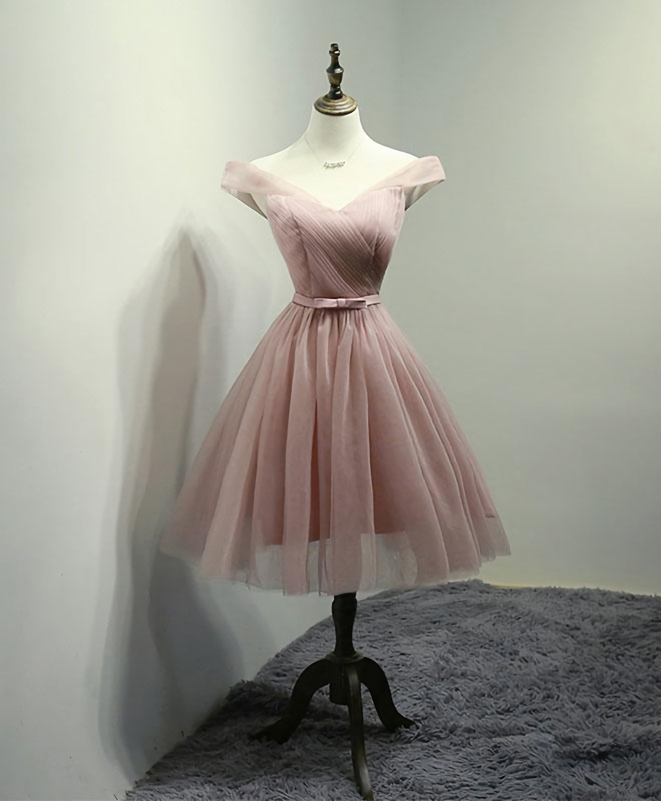 Prom Dresses Styles, Simple V Neck Tulle Off Shoulder Short Prom Dress, Pink Homecoming Dress