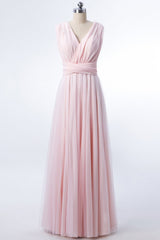 Bridesmaid Dresses Mismatched Summer, Blush Pink V-Neck Lace-Up A-Line Bridesmaid Dress