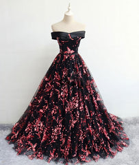 Club Outfit For Women, Black Tulle Off Shoulder Flowers Elegant Lace Up Evening Party Gown Black Formal Dress