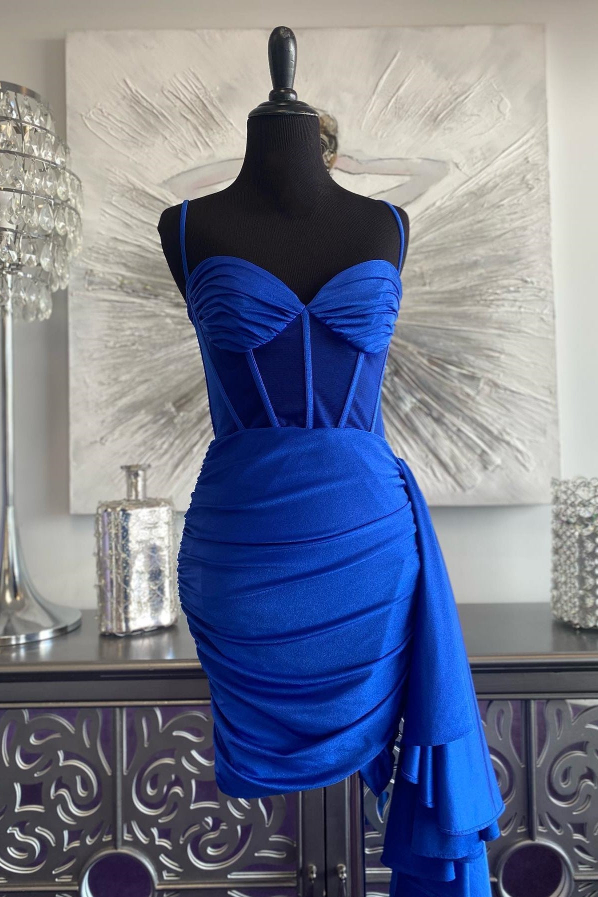 Party Dress Cocktail, Royal Blue Satin Sheath Cascading Ruffle Homecoming Dress