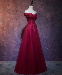 Formal Dresses Wedding, Burgundy Tulle Lace Off Shoulder Long Prom Dress, Burgundy Lace Evening Dress