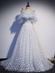 Prom Dresse 2046, Blue Sweetheart Tulle Long Prom Dress, Blue Tulle Formal Dress, 1