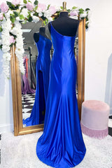 Prom Dress Long Blue, One-Shoulder Royal Blue Mermaid Long Dress with Slit