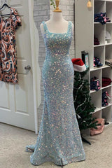 Homecoming Dresses Online, Light Blue Iridescent Sequin Square Neck Mermaid Long Formal Dress
