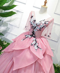 Homecoming Dress Vintage, Pink V Neck Tulle Lace Applique Long Prom Dress, Pink Evening Dress, 1