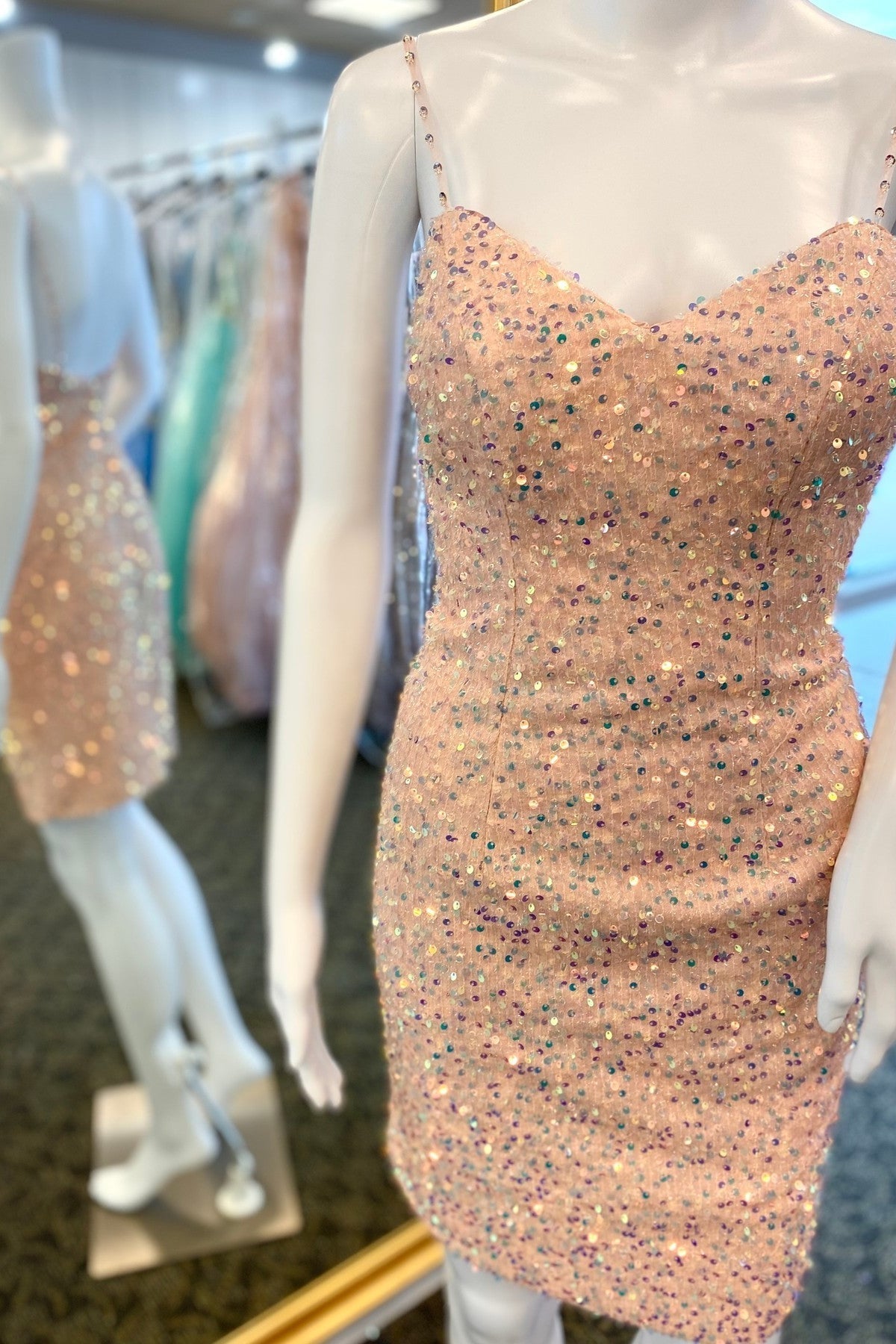 Bridesmaid Dress Websites, Pink Sequin Bodycon Homecoming Dress with Straps