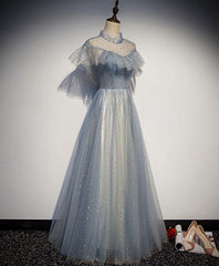 Evening Dresses 17, Light Blue Tulle Lace Long Prom Dress, Tulle Evening Dress