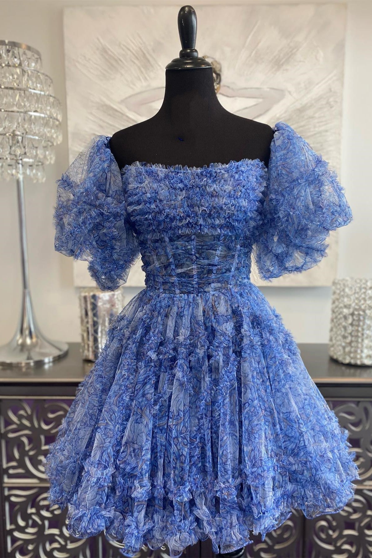 Bridesmaid Dresses Beach Weddings, Blue Puff Sleeves Ruffles A-line Prints Homecoming Dress