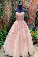 Bridesmaid Dress Beach, Lace Appliques Pink A LineTulle Long Prom Dresses With Straps