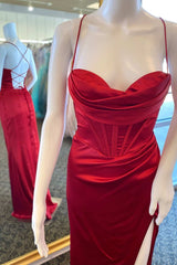 Homecoming Dresses Freshman, Wine Red Cowl Neck Lace-Up Back Long Prom Dress with Slit