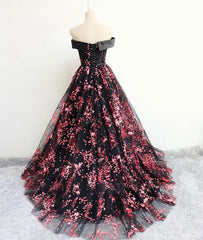 Prom Dress Pink, Black Tulle Off Shoulder Flowers Elegant Lace Up Evening Party Gown Black Formal Dress
