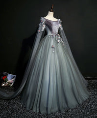 Party Dresses For 24 Year Olds, Gray Green Tulle Lace Long Prom Dress Gray Tulle Formal Dress