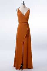 Bachelorette Party Theme, Burnt Orange Spaghetti Straps Long Bridesmaid Dress with Slit